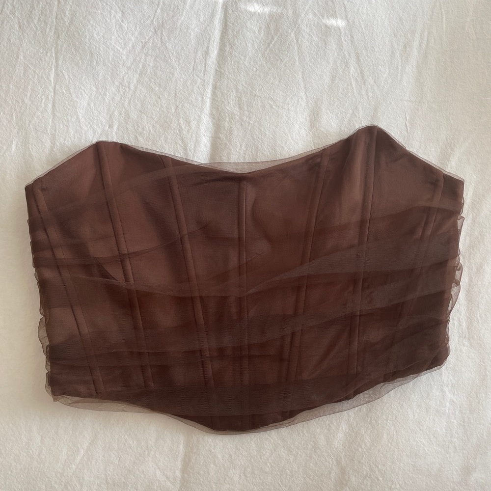 Corsetry Tulle Crop Top - Dark Brown